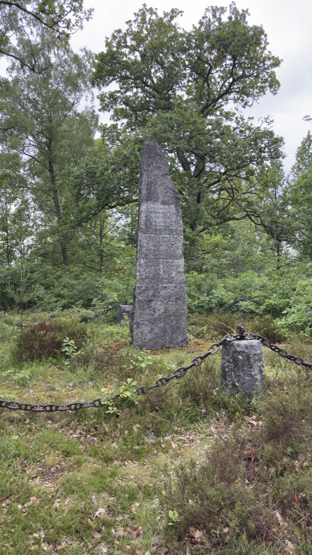 Hoher Gedenkstein der Schlacht von Sibbarp 1657 im Wald bei Osby, mit Inschrift