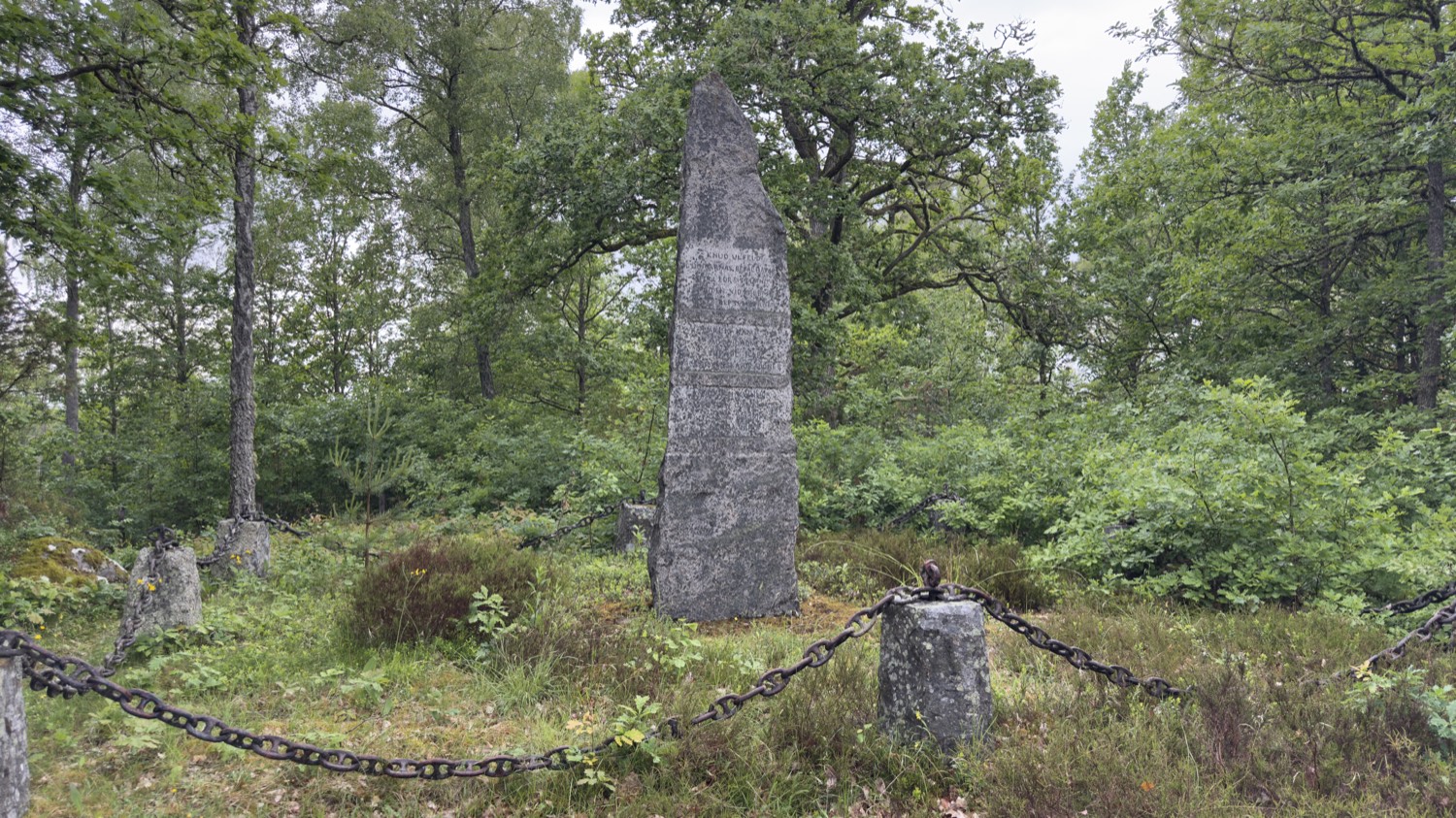 Mit Kette eingefasster Gedenkplatz der Schlacht von Sibbarp unter Eichen