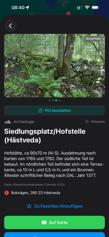 PrimeMap App: Detailansicht eines archäologischen Siedlungsplatzes bei Hästveda