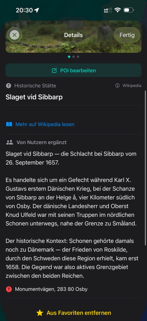 PrimeMap-App: Detailansicht der historischen Stätte Slaget vid Sibbarp