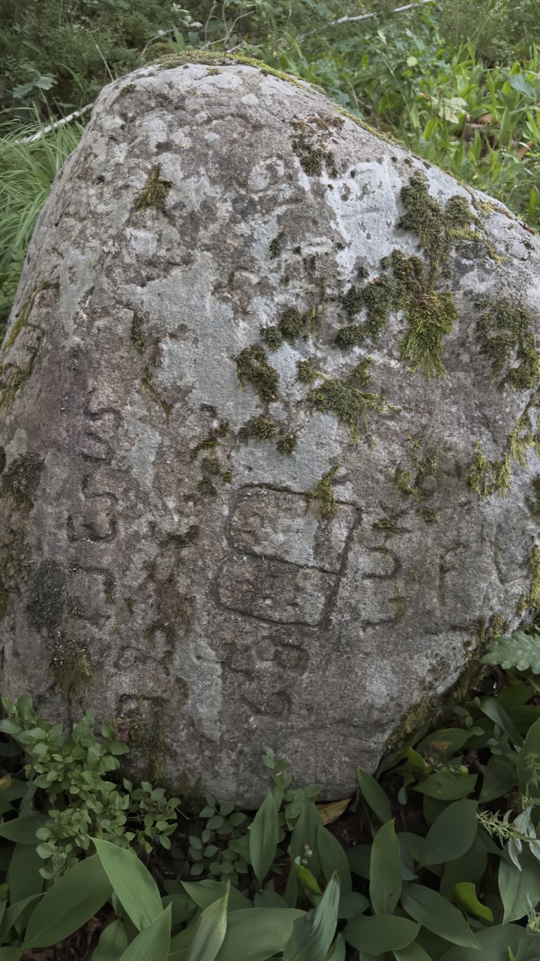 Findling mit eingeritztem Schriftzug JESUS und einem tafelartigen Motiv, teilweise von Moos überzogen