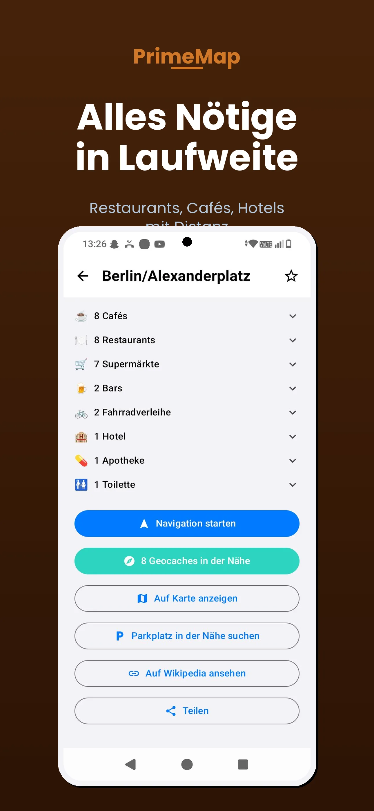 PrimeMap Android – Restaurants, Cafés und Hotels in Laufweite