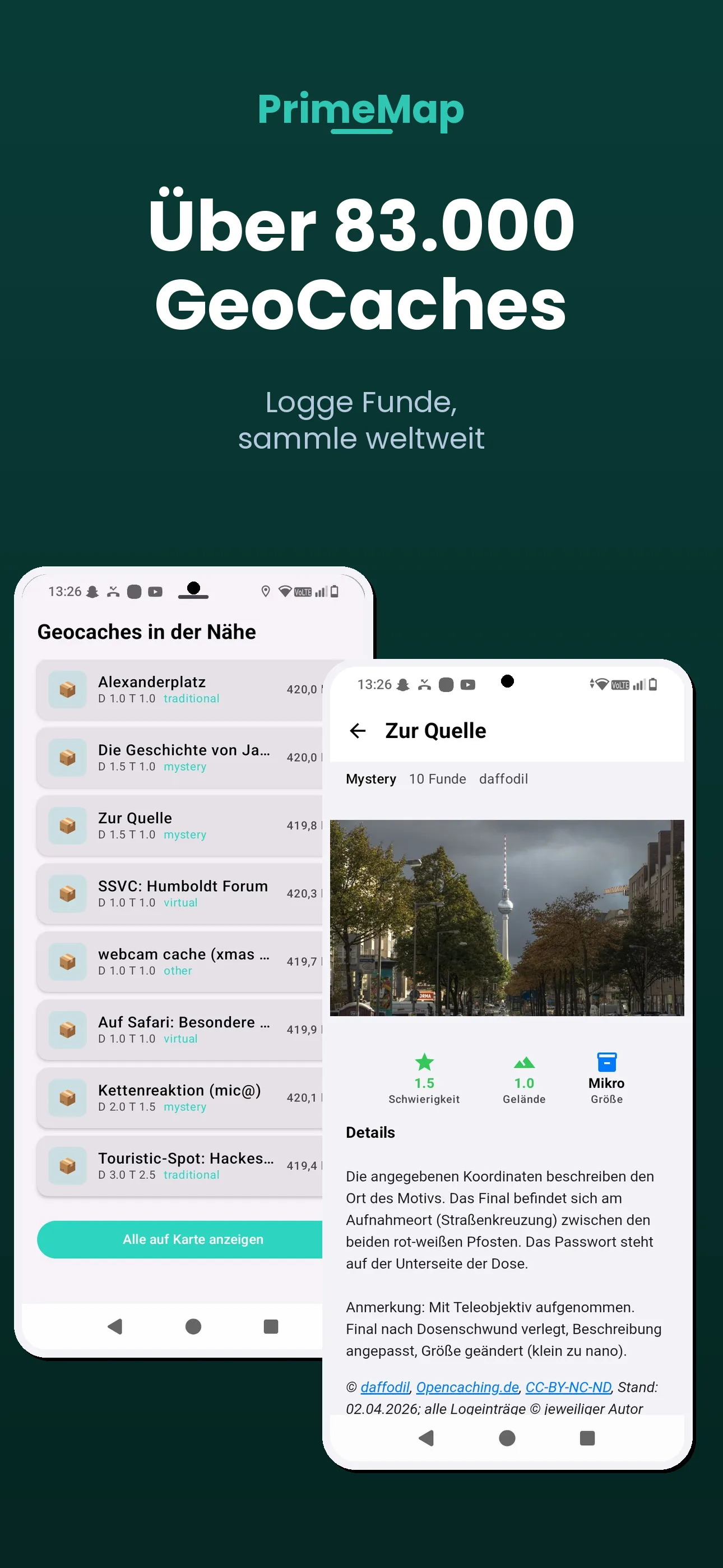 PrimeMap Android – Über 83.000 GeoCaches mit Logging-Funktion